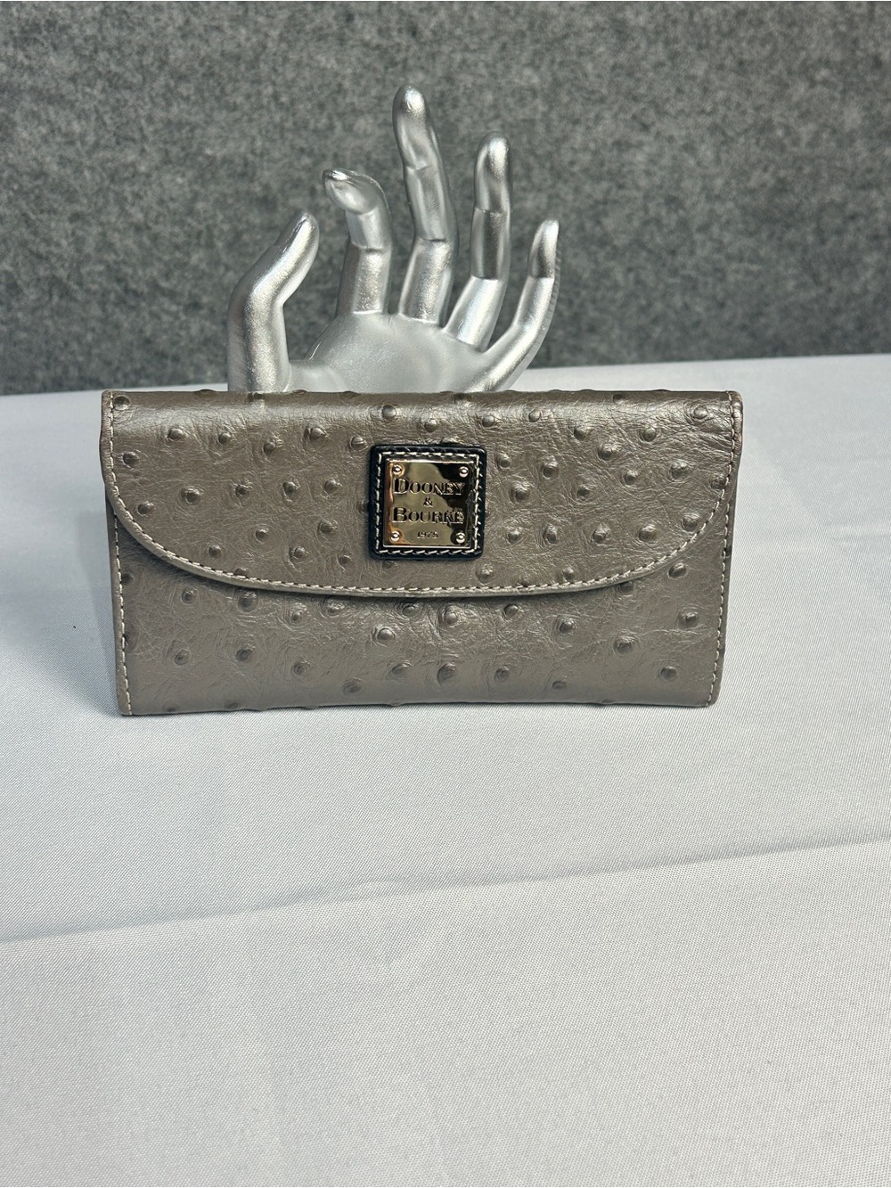 Dooney & Bourke Textured Gray Leather Ostrich-Embossed Continental Clutch Wallet